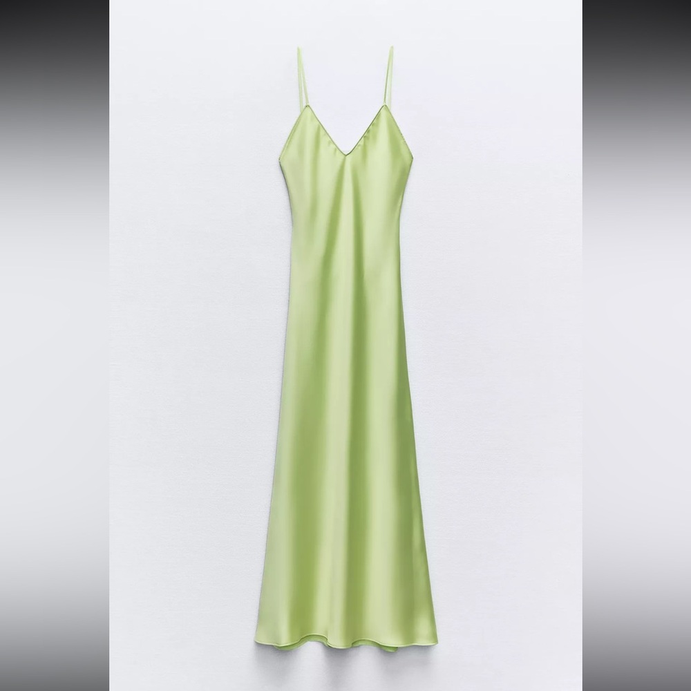 Zara Green Satin Chemise with Spaghetti Straps